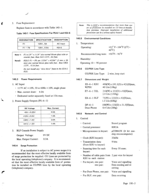 Page 5I 3. Fuse Replacement 
Replace fuses in accordance with Table 140- 1. 
Table 140-l Fuse Specifications For PS-6-1 and KSI-S 
. . 
‘*a 
Note 1: FI is 1/4”x I-1/4”size normal blown glass tube or 
ceramic fuse. Buss 3A G 125 V., 4A fuse. 
Note2: KSI-S Fl - F8 are 13/64” c 45164” (S mm x 20 
mm) size normal blown glass tube fuse. Buss GMA 
I25 V., O.SA fuse. 
Do not install any ‘slow blow” fuses in the ES-6-I 
KSU. 
140.3 Power Requirements 
1. AC Input 
- 117V AC f 1 O%, SO or 60Hz + 1 O%, single phase 
....