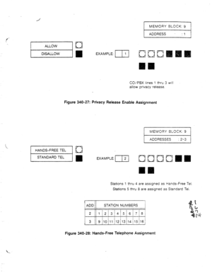 Page 77I ALLOW 1 MEMORY BLOCK: 9 1 
ADDRESS 
CO/PBX lines 1 thru 3 will 
allow privacy release. 
Figure 340-27: Privacy Release EnaQie Assignment 
1 MEMORY BLOCK: 9 ] 
1 ADDRESSES : 2-3 / 
Stations 1 thru 4 are assigned as Hands-Free Te!. 
Stations 5 thru 8 are assigned as Standard Tel. 
1~00 I STATION NUMBERS 
2 1 2 3 4 5 617 81 
i 
3 9 10 11 12 13 14 115 16 
Figure 340-28: Hands-Free Telephone Assignment  