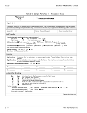 Page 772 - 64Fill in the Worksheets Issue 1 EliteMail VMS/EliteMail Limited
     
Table 2-16  Sample Worksheet 16 – Transaction Boxes
Worksheet
16Transaction Boxes
Page  1  of   1 
Transaction boxes are the building blocks of special applications. They can be used to provide audiotext, one-key menus, 
special message taking, and special call routing. For each transaction box in your application, fill out a copy of this worksheet.
System ID  
  201
 Name  
  Network Support
      
       Owner       Jonathan...