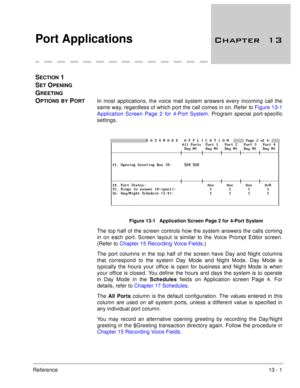 Page 214Reference13 - 1
Port Applications 	
SECTION 1 
S
ET OPENING 
G
REETING 
O
PTIONS BY PORTIn most applications, the voice mail system answers every incoming call the
same way, regardless of which port the call comes in on. Refer to Figure 13-1
Application Screen Page 2 for 4-Port System. Program special port-specific
settings.
Figure 13-1   Application Screen Page 2 for 4-Port System
The top half of the screen controls how the system answers the calls coming
in on each port. Screen layout is...