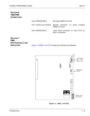 Page 23EliteMail VMS/EliteMail Limited Issue 3
Programming1 - 9
SECTION 6 
VMS/FMS 
C
ONNECTORS
9-pin RS232(COM 2) Not Used (MDM-U10 Unit)
RJ11 modem port (COM 2) Remote  connector  on  serial  interface
(MDM-U10 Unit)
9-pin RS232(COM1) Local serial connector on main ETU for
direct  connection
SECTION 7 
FMS 
ETU C
ONTROLS AND 
I
NDICATORSFigure 1-2 FMS( )-U10 ETU shows the controls and indicators.
Figure 1-2   FMS(  )-U10 ETU
COM1 Local
ConnectionDIP Switch
Up     = Off
Down = On
Make Busy
 Switch 