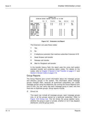 Page 23916 - 6Reports Issue 3 EliteMail VMS/EliteMail Limited
   
Figure 16-7   Extension List Report
The Extension List uses these codes:
YYes
NNo
X A telephone extension that matches subscriber Extension # ID
A Await Answer call transfer 
R Release call transfer 
W Wait for Ringback call transfer
In the transfer 
Options field, the report uses the voice mail system
standard transfer and screening option codes. For details on the
codes, refer to Chapter 2 Section 2 Call Transfer on page 2-11 and
Section 3...