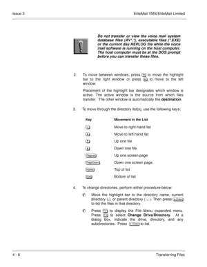 Page 504 - 6Transferring Files Issue 3 EliteMail VMS/EliteMail Limited
2. To move between windows, press & to move the highlight
bar to the right window or press  to move to the left
window.
Placement of the highlight bar designates which window is
active. The active window is the source from which files
transfer.  The other window is automatically the destination.
3. To move through the directory list(s), use the following keys: 
4. To change directories, perform either procedure below:
Move the highlight...