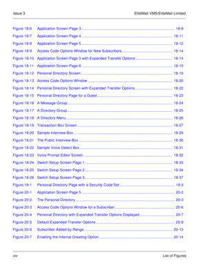 Page 75Issue 3 EliteMail VMS/EliteMail Limited
xivList of Figures Figure 18-6 Application Screen Page 3 ..........................................................................................  18-8
Figure 18-7 Application Screen Page 4 ........................................................................................  18-11
Figure 18-8 Application Screen Page 5 ........................................................................................  18-12
Figure 18-9 Access Code Options Window for New...