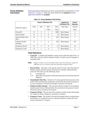 Page 27NDA-30008   Revision 2.0Page 17
Guardian Operations Manual Installation Introduction
Group Database 
InformationThe Group database field entries are shown in the table below and defined in “Field 
Definitions” on page 17. Name the master definition file grdgrpf
_m and the 
application definition file grdgrpf.
Field Definitions
Group ID – A number that identifies a group, lying within the range from 1 to 
1000. This is the key field for database sorting, so entries must be arranged in 
ascending order....