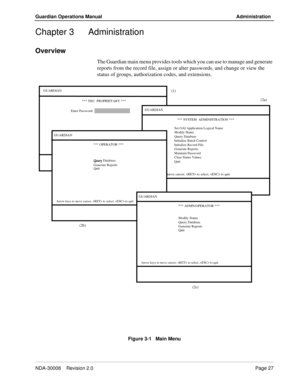 Page 37NDA-30008    Revision 2.0Page 27
Guardian Operations Manual Administration
Chapter 3 Administration
Overview
The Guardian main menu provides tools which you can use to manage and generate 
reports from the record file, assign or alter passwords, and change or view the 
status of groups, authorization codes, and extensions.
Figure 3-1   Main Menu
GUARDIAN
Enter Password:*** NEC  PROPRIETARY ***
 to accept password,  to quit(1)
(2a)
GUARDIAN
*** SYSTEM  ADMINISTRATION ***
 Arrow keys to move cursor,  to...