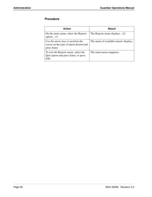 Page 66Page 56NDA-30008   Revision 2.0
Administration Guardian Operations Manual
Procedure
Action Result
On the main menu, select the Reports 
option.  (1)The Reports menu displays.  (2)
Use the arrow keys to position the 
cursor on the type of report desired and 
press Enter.The menu of available reports displays.
To exit the Reports menu, select the 
Quit option and press Enter, or press 
ESC.The main menu reappears. 