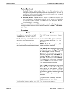 Page 68Page 58NDA-30008   Revision 2.0
Administration Guardian Operations Manual
Notes (Continued)
Routinely Disabled Authorization Codes – A list of all authorization codes 
with which calls have been attempted during the time interval that the codes are 
scheduled to be disabled, including the times at which the calls were attempted.  
(Sorted chronologically by extension).
Routinely Disabled Groups – A list of groups in which extensions have been 
used in call attempts during the time intervals that the...