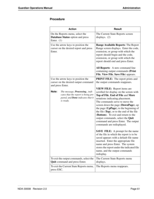 Page 71NDA-30008   Revision 2.0Page 61
Guardian Operations Manual Administration
Procedure
Action Result
On the Reports menu, select the 
Database Status option and press 
Enter.  (1)The Current State Reports screen 
displays.  (2)
Use the arrow keys to position the 
cursor on the desired report and press 
Enter.Range Available Reports: The Report 
Range screen displays.  Enter the code, 
extension, or group with which the 
report should begin and the code, 
extension, or group with which the 
report should end...