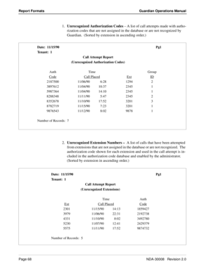 Page 78Page 68NDA-30008   Revision 2.0
Report Formats Guardian Operations Manual
1.Unrecognized Authorization Codes – A list of call attempts made with autho-
rization codes that are not assigned in the database or are not recognized by 
Guardian.  (Sorted by extension in ascending order.)
2.Unrecognized Extension Numbers –  A list of calls that have been attempted 
from extensions that are not assigned in the database or are not recognized.  The 
authorization code shown for each extension and used in the call...