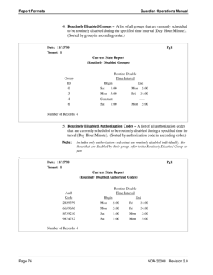 Page 86Page 76NDA-30008   Revision 2.0
Report Formats Guardian Operations Manual
4.Routinely Disabled Groups –  A list of all groups that are currently scheduled 
to be routinely disabled during the specified time interval (Day  Hour:Minute).  
(Sorted by group in ascending order.)
5.Routinely Disabled Authorization Codes – A list of all authorization codes 
that are currently scheduled to be routinely disabled during a specified time in-
terval (Day Hour:Minute).  (Sorted by authorization code in ascending...