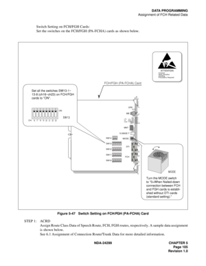 Page 120NDA-24299 CHAPTER 5
Page 105
Revision 1.0
DATA PROGRAMMING
Assignment of FCH Related Data
Switch Setting on FCH/FGH Cards:
Set the switches on the FCH/FGH (PA-FCHA) cards as shown below.
 
Figure 5-47   Switch Setting on FCH/FGH (PA-FCHA) Card
STEP 1: ACRD
Assign Route Class Data of Speech Route, FCH, FGH routes, respectively. A sample data assignment
is shown below.
See 6.1 Assignment of Connection Route/Trunk Data for more detailed information.
SW14
Refer to Table 4-3.
1234
OFF
1234
OFF
1234 5678
OF F...