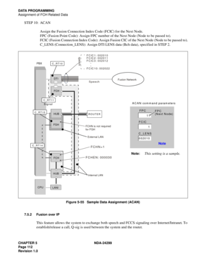 Page 127CHAPTER 5 NDA-24299
Page 112
Revision 1.0
DATA PROGRAMMING
Assignment of FCH Related Data
STEP 10: ACAN
Assign the Fusion Connection Index Code (FCIC) for the Next Node.
FPC (Fusion Point Code): Assign FPC number of the Next Node (Node to be passed to).
FCIC (Fusion Connection Index Code): Assign Fusion CIC of the Next Node (Node to be passed to).
C_LENS (Connection_LENS): Assign DTI LENS data (Bch data), specified in STEP 2.
Figure 5-55   Sample Data Assignment (ACAN)
7.5.2 Fusion over IP
This feature...