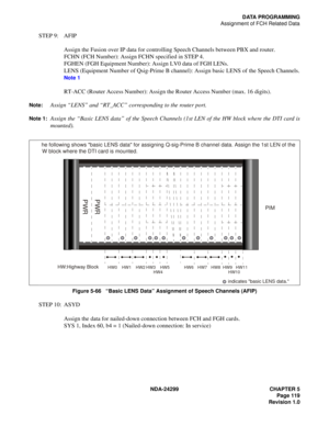 Page 134NDA-24299 CHAPTER 5
Page 119
Revision 1.0
DATA PROGRAMMING
Assignment of FCH Related Data
STEP 9: AFIP
Assign the Fusion over IP data for controlling Speech Channels between PBX and router.
FCHN (FCH Number): Assign FCHN specified in STEP 4.
FGHEN (FGH Equipment Number): Assign LV0 data of FGH LENs.
LENS (Equipment Number of Qsig-Prime B channel): Assign basic LENS of the Speech Channels.
Note 1
RT-ACC (Router Access Number): Assign the Router Access Number (max. 16 digits).
Note:Assign “LENS” and...