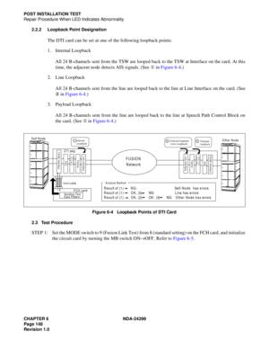 Page 163CHAPTER 6 NDA-24299
Page 148
Revision 1.0
POST INSTALLATION TEST
Repair Procedure When LED Indicates Abnormality
2.2.2 Loopback Point Designation
The DTI card can be set at one of the following loopback points:
1. Internal Loopback
All 24 B-channels sent from the TSW are looped back to the TSW at Interface on the card. At this
time, the adjacent node detects AIS signals. (See  
    in Figure 6-4.) 
2. Line Loopback
All 24 B-channels sent from the line are looped back to the line at Line Interface on the...