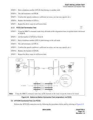 Page 166NDA-24299 CHAPTER 6
Page 151
Revision 1.0
POST INSTALLATION TEST
FCCS Network Connection Test
STEP 3: Dial a telephone number (STN B) that belongs to another node.
STEP 4: The call terminates on STN B.
STEP 5: Confirm the speech condition is sufficient (no noise, not one-way speech, etc.).
STEP 6: Replace the handset of STN A.
STEP 7: Repeat the above steps for all Fusion links.
3.1.2 FCCS Call Termination Test
STEP 1: Using the MBCT command, make busy all trunks in the origination route except the trunk...