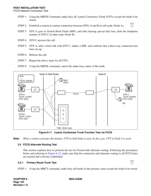 Page 169CHAPTER 6 NDA-24299
Page 154
Revision 1.0
POST INSTALLATION TEST
FCCS Network Connection Test
STEP 1: Using the MBTK Command, make busy all 3-party Conference Trunk (CFTs) except the trunk to be
tested.
STEP 2: Establish a station-to-station connection between STNs A and B in self-node (Node A). 
STEP 3: STN A goes to Switch Hook Flash (SHF), and after hearing special dial tone, dials the telephone
number of STN C in other node (Node B).
STEP 4: STN C answers the call.
STEP 5: STN A, after a brief talk...