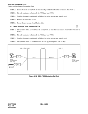 Page 171CHAPTER 6 NDA-24299
Page 156
Revision 1.0
POST INSTALLATION TEST
Fusion and Non-Fusion Connection Tests
STEP 2: Station A in self-node (Node A) dials the Physical Station Number for Station B in Node C.
STEP 3: The call terminates to Station B via FCCS and non-FCCS.
STEP 4: Confirm the speech condition is sufficient (no noise, not one-way speech, etc.).
STEP 5: Replace the handset of STN A.
STEP 6: Repeat the above steps for all Fusion links.
4.2 When Seizing a Trunk from an ATTCON
STEP 1: The operator...