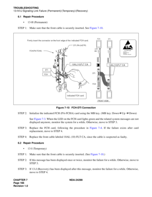 Page 181CHAPTER 7 NDA-24299
Page 166
Revision 1.0
TROUBLESHOOTING
13-H/I/J Signaling Link Failure (Permanent)/(Temporary)/(Recovery)
6.1 Repair Procedure
13-H (Permanent)
STEP 1: Make sure that the front cable is securely inserted. See Figure 7-10.
Figure 7-10   FCH-DTI Connection
STEP 2: Initialize the indicated FCH (PA-FCHA) card using the MB key. (MB key: Down➔ Up ➔ Down)
See Figure 7-3. When the LED on the FCH card lights green and the related system messages are not
displayed anymore, monitor the system...