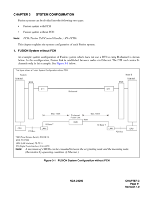 Page 26NDA-24299 CHAPTER 3
Page 11
Revision 1.0
CHAPTER 3 SYSTEM CONFIGURATION
Fusion systems can be divided into the following two types:
 Fusion system with FCH
 Fusion system without FCH
Note:FCH (Fusion Call Control Handler) : PA-FCHA
This chapter explains the system configuration of each Fusion system.
1. FUSION System without FCH
An example system configuration of Fusion system which does not use a DTI to carry D-channel is shown
below. In this configuration, Fusion link is established between nodes via...