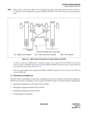 Page 28NDA-24299 CHAPTER 3
Page 13
Revision 1.0
SYSTEM CONFIGURATION
Fusion System with FCH
Note:
When a direct connection is added to the existing Fusion system with FCH card between the two nodes, it
is required to execute Make Busy operation (MB Key ON/OFF) on the FCH cards to prevent from packet
loop.
Figure 3-3   Add a Direct Connection to Fusion System with FCH
On other occasions for adding direct connection (connect cross cable between the HUBs) to the Fusion
network consists of multiple nodes, also...