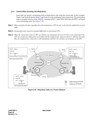 Page 43CHAPTER 3 NDA-24299
Page 28
Revision 1.0
3.4.2 Central Office Incoming Call (Ring Down)
Each node can specify a terminating node for Ring Down calls using the system data. In this example,
Node A and Node D specify Node C and Node E as the terminating node respectively. The terminating
node is assigned with use of the ASYDL command (SYS 1, Index 640). Note that self-FPC is assigned
at the terminating node. See Figure 3-20.
Note 1:When assigning the data regarding the call termination to ATT, be sure to...