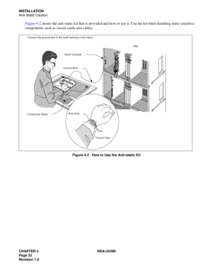 Page 47CHAPTER 4 NDA-24299
Page 32
Revision 1.0
INSTALLATION
Anti-Static Caution
Figure 4-2 shows the anti-static kit that is provided and how to use it. Use the kit when handling static-sensitive
components such as circuit cards and cables.
Figure 4-2   How to Use the Anti-static Kit
 
 
PBX
  Connect the ground wire to the earth terminal of the frame.
Earth Terminal
Ground W ire
Conductive SheetWrist Strap
Ground Cable 