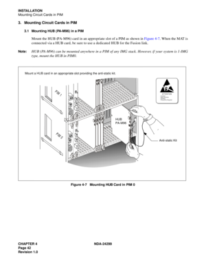 Page 57CHAPTER 4 NDA-24299
Page 42
Revision 1.0
INSTALLATION
Mounting Circuit Cards in PIM
3. Mounting Circuit Cards in PIM
3.1 Mounting HUB (PA-M96) in a PIM
Mount the HUB (PA-M96) card in an appropriate slot of a PIM as shown in Figure 4-7. When the MAT is
connected via a HUB card, be sure to use a dedicated HUB for the Fusion link.
Note:HUB (PA-M96) can be mounted anywhere in a PIM of any IMG stack. However, if your system is 1-IMG
type, mount the HUB in PIM0.
Figure 4-7   Mounting HUB Card in  PIM 0...