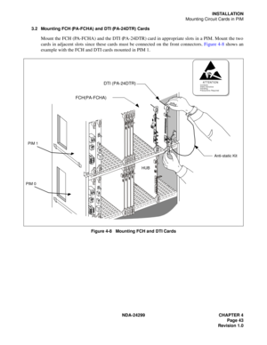 Page 58NDA-24299 CHAPTER 4
Page 43
Revision 1.0
INSTALLATION
Mounting Circuit Cards in PIM
3.2 Mounting FCH (PA-FCHA) and DTI (PA-24DTR) Cards
Mount the FCH (PA-FCHA) and the DTI (PA-24DTR) card in appropriate slots in a PIM. Mount the two
cards in adjacent slots since these cards must be connected on the front connectors. Figure 4-8 shows an
example with the FCH and DTI cards mounted in PIM 1.
Figure 4-8   Mounting FCH and DTI Cards
ATTENTIONContents
Static Sensitive
Handling
Precautions Required
HUB
HUB
DTI...