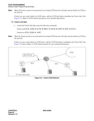 Page 77CHAPTER 5 NDA-24299
Page 62
Revision 1.0
DATA PROGRAMMING
Network Data Programming Summary
Note:
When the Fusion system is incorporated in an existing CCIS network, all nodes must be linked via CCIS on
the network.
If there are any nodes linked via ACIS alone, add the CCIS link before installing the Fusion link. (See
Figure 5-2.) Refer to CCIS-related manuals for more detailed information.
1.3 Fusion Link Data
Assign the Fusion link data using the following commands:
Fusion with FCH: ACRD ➔ ACTK ➔ MBCT...