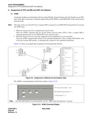 Page 83CHAPTER 5 NDA-24299
Page 68
Revision 1.0
DATA PROGRAMMING
Assignment of FPC and MG and UNIT into Network
3. Assignment of FPC and MG and UNIT into Network
3.1 AFMU
Assign the module accommodation data by giving Module Group Number and Unit Number on an FPC
basis. This data is necessary to allocate unique Network ID (NID) to each MG/UNIT of the whole Fusion
network nodes. 
Note:This data can be set at the NCN only. A unique NID is assigned to each MG/UNIT automatically by entering
the AFMU data.
When the...