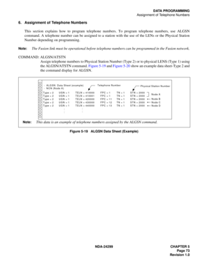 Page 88NDA-24299 CHAPTER 5
Page 73
Revision 1.0
DATA PROGRAMMING
Assignment of Telephone Numbers
6. Assignment of Telephone Numbers
This section explains how to program telephone numbers. To program telephone numbers, use ALGSN
command. A telephone number can be assigned to a station with the use of the LENs or the Physical Station
Number depending on programming.
Note:The Fusion link must be operational before telephone numbers can be programmed in the Fusion network.
COMMAND: ALGSN/ATSTN
Assign telephone...