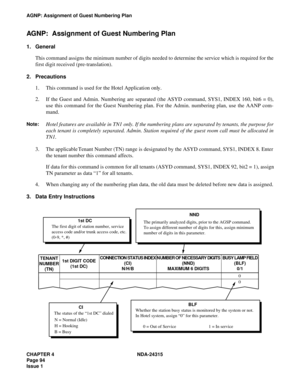 Page 106CHAPTER 4 NDA-24315
Page 94
Issue 1
AGNP: Assignment of Guest Numbering Plan
AG N P:  Assignment of Guest Numbering Plan
1. General
This command assigns the minimum number of digits needed to determine the service which is required for the
first digit received (pre-translation).
2. Precautions
1. This command is used for the Hotel Application only.
2. If the Guest and Admin. Numbering are separated (the ASYD command, SYS1, INDEX 160, bit6 = 0),
use this command for the Guest Numbering plan. For the...