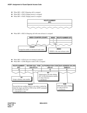 Page 146CHAPTER 4 NDA-24315
Page 134
Issue 1
AGSP: Assignment of Guest Special Access Code
Assign the number of advanced trunk routes.ROUTE NUMBER
(RT)
COUNT
Assign a dummy route number.RT
Second dial tone sending (which is sent when a station has
dialed the digits specified in NND of the AGNP command)
0 = Second DT is not send
1 = Second DT is sent2nd DTAuthorization code after dialing
ACC (LCR)+Destination number
0 = Out of Service
1 = In ServiceAH
ISDN-Sub Address Dialing
0 = Out of Service
1 = In ServiceSUB...