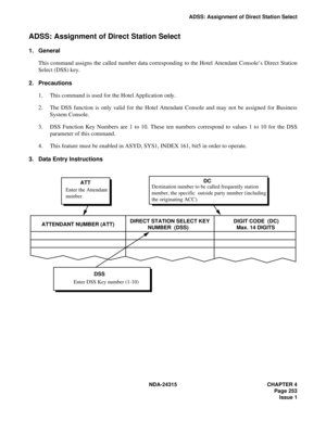 Page 265NDA-24315 CHAPTER 4
Page 253
Issue 1
ADSS: Assignment of Direct Station Select
ADSS: Assignment of Direct Station Select
1. General
This command assigns the called number data corresponding to the Hotel Attendant Console’s Direct Station
Select (DSS) key.
2. Precautions
1. This command is used for the Hotel Application only.
2. The DSS function is only valid for the Hotel Attendant Console and may not be assigned for Business
System Console.
3. DSS Function Key Numbers are 1 to 10. These ten numbers...