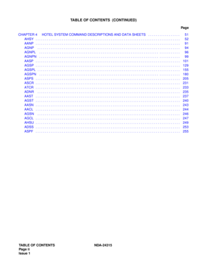 Page 8TABLE OF CONTENTS NDA-24315
Page  ii
Issue 1
TABLE OF CONTENTS  (CONTINUED)
Pag e
CHAPTER 4 HOTEL SYSTEM COMMAND DESCRIPTIONS AND DATA SHEETS   . . . . . . . . . . . . . . . . . 51
AHSY   . . . . . . . . . . . . . . . . . . . . . . . . . . . . . . . . . . . . . . . . . . . . . . . . . . . . . . . . . . . . . . . . . . . . . . . . . . . . . 52
AANP   . . . . . . . . . . . . . . . . . . . . . . . . . . . . . . . . . . . . . . . . . . . . . . . . . . . . . . . . . . . . . . . . . . . . . . . . . . . . . 91...