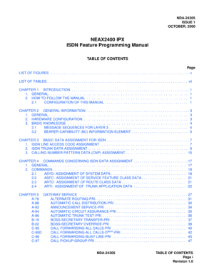 Page 11NDA-24305
ISSUE 1
OCTOBER, 2000
NEAX2400 IPX
ISDN Feature Programming Manual
TABLE OF CONTENTS
Pag e
NDA-24305 TABLE OF CONTENTS
Pag e i
Revision 1.0 LIST OF FIGURES  . . . . . . . . . . . . . . . . . . . . . . . . . . . . . . . . . . . . . . . . . . . . . . . . . . . . . . . . . . . . . . . .  . . . . . . . . v
LIST OF TABLES. . . . . . . . . . . . . . . . . . . . . . . . . . . . . . . . . . . . . . . . . . . . . . . . . . . . . . . . . . . . . . . .  . . . . . . . . .  vii
CHAPTER 1 INTRODUCTION  . . ....