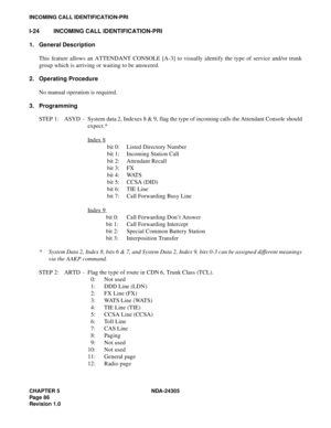 Page 104CHAPTER 5 NDA-24305
Pag e 8 6
Revision 1.0
INCOMING CALL IDENTIFICATION-PRI
I-24 INCOMING CALL IDENTIFICATION-PRI
1. General Description
This feature allows an ATTENDANT CONSOLE [A-3] to visually identify the type of service and/or trunk
group which is arriving or waiting to be answered.
2. Operating Procedure
No manual operation is required.
3. Programming
STEP 1: ASYD - System data 2, Indexes 8 & 9, flag the type of incoming calls the Attendant Console should
expect.*
Index 8
 
bit 0: Listed Directory...