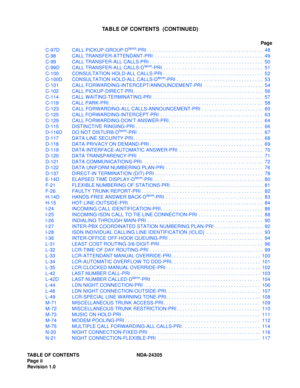 Page 12TABLE OF CONTENTS NDA-24305
Pag e ii
Revision 1.0
TABLE OF CONTENTS  (CONTINUED)
Page
C-97D CALL PICKUP-GROUP-D
term-PRI . . . . . . . . . . . . . . . . . . . . . . . . . . . . . . . . . . . . . . . . . . .  48
C-98 CALL TRANSFER-ATTENDANT-PRI  . . . . . . . . . . . . . . . . . . . . . . . . . . . . . . . . . . . . . . . .  49
C-99 CALL TRANSFER-ALL CALLS-PRI . . . . . . . . . . . . . . . . . . . . . . . . . . . . . . . . . . . . . . . . . .  50
C-99D CALL TRANSFER-ALL CALLS-D
term-PRI . . . . . . . . ....