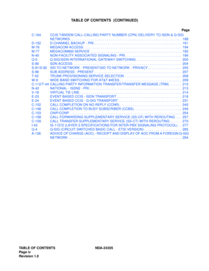 Page 14TABLE OF CONTENTS NDA-24305
Pag e iv
Revision 1.0
TABLE OF CONTENTS  (CONTINUED)
Page
C-164 CCIS TANDEM CALL-CALLING PARTY NUMBER (CPN) DELIVERY TO ISDN & Q-SIG 
NETWORKS . . . . . . . . . . . . . . . . . . . . . . . . . . . . . . . . . . . . . . . . . . . . . . . . . . . . . . . . . . .  188
D-152 D-CHANNEL BACKUP - PRI  . . . . . . . . . . . . . . . . . . . . . . . . . . . . . . . . . . . . . . . . . . . . . .  191
M-76 MEGACOM ACCESS . . . . . . . . . . . . . . . . . . . . . . . . . . . . . . . . . ....