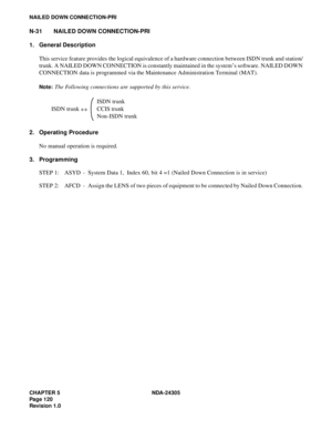 Page 138CHAPTER 5 NDA-24305
Pag e 1 20
Revision 1.0
NAILED DOWN CONNECTION-PRI
N-31 NAILED DOWN CONNECTION-PRI
1. General Description
This service feature provides the logical equivalence of a hardware connection between ISDN trunk and station/
trunk. A NAILED DOWN CONNECTION is constantly maintained in the system’s software. NAILED DOWN
CONNECTION data is programmed via the Maintenance Administration Terminal (MAT).
Note:The Following connections are supported by this service. 
2. Operating Procedure
No manual...