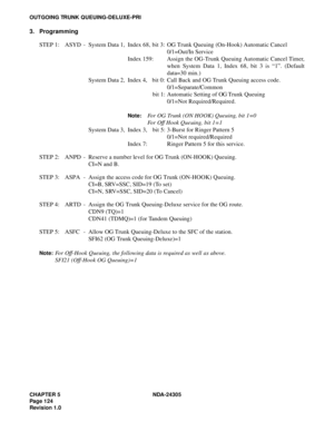 Page 142CHAPTER 5 NDA-24305
Pag e 1 24
Revision 1.0
OUTGOING TRUNK QUEUING-DELUXE-PRI
3. Programming
STEP 1: ASYD - System Data 1, Index 68, bit 3: OG Trunk Queuing (On-Hook) Automatic Cancel
0/1=Out/In Service
Index 159: Assign the OG-Trunk Queuing Automatic Cancel Timer,
when System Data 1, Index 68, bit 3 is “1”. (Default
data=30 min.)
System Data 2, Index 4, bit 0: Call Back and OG Trunk Queuing access code.
0/1=Separate/Common
bit 1: Automatic Setting of OG Trunk Queuing
0/1=Not Required/Required.
Note:For...