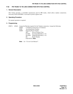 Page 149NDA-24305 CHAPTER 5
Page 131
Revision 1.0
PRI TRUNK TO TIE LINE CONNECTION WITH PAD CONTROL
P-39 PRI TRUNK TO TIE LINE CONNECTION WITH PAD CONTROL
1. General Description
This feature provides a switchable transmission pad for PRI trunks, which allows tandem connections.
Necessary PAD CONTROL is activated to protect against echo.
2. Operating Procedure
No manual operation is required.
3. Programming
STEP 1: APAD - Assign the Pad data required for the Tandem connection. Assign the following:
KIND: T...
