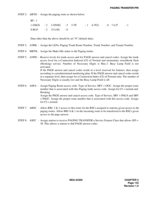 Page 151NDA-24305 CHAPTER 5
Page 133
Revision 1.0
PAGING TRANSFER-PRI
STEP 2: ARTD - Assign the paging route as shown below:
STEP 3: ATRK - Assign the LENs, Paging Trunk Route Number, Trunk Number, and Tenant Number.
STEP 4: MBTK - Assign the Make Idle status to the Paging trunks.
STEP 5: ANPD - Reserve levels for trunk access and for PAGE answer and cancel codes. Assign the trunk
access level for a Connection Indexed (CI) of Normal and momentary switchhook flash
(Hooking) service. Number of Necessary Digits is...