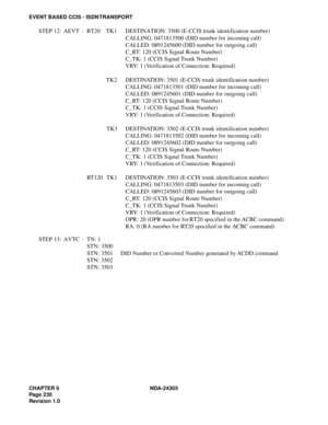 Page 248CHAPTER 6 NDA-24305
Pag e 2 30
Revision 1.0
EVENT BASED CCIS -  ISDN TRANSPORT
STEP 12: AEVT  - RT20 TK1 DESTINATION: 3500 (E-CCIS trunk identification number)
CALLING: 0471813500 (DID number for incoming call)
CALLED: 0891245600 (DID number for outgoing call)
C_RT: 120 (CCIS Signal Route Number)
C_TK: 1 (CCIS Signal Trunk Number)
VRY: 1 (Verification of Connection: Required)
TK2 DESTINATION: 3501 (E-CCIS trunk identification number)
CALLING: 0471813501 (DID number for incoming call)
CALLED: 0891245601...
