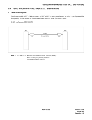 Page 303NDA-24305 CHAPTER 6
Page 285
Revision 1.0
Q-SIG (CIRCUIT SWITCHED BASIC CALL - ETSI VERSION)
Q-4 Q-SIG (CIRCUIT SWITCHED BASIC CALL - ETSI VERSION)
1. General Description
This feature enable NEC’s PBX to connect to NEC’s PBX or other manufacturer by using Layer 3 protocol for
the signaling for the support of circuit mode bearer services at the Q reference point.
Q-SIG conforms to ETS 300 172.
Note 1:ETS 300 172= Private Telecommunication Network (PTN);
Inter-exchange signaling protocol
Circuit mode basic...