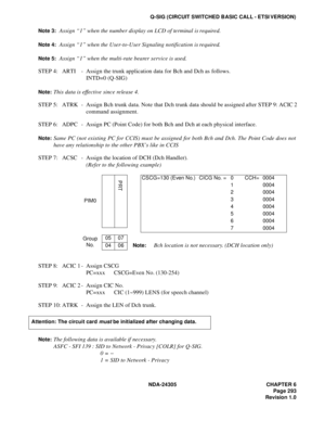 Page 311NDA-24305 CHAPTER 6
Page 293
Revision 1.0
Q-SIG (CIRCUIT SWITCHED BASIC CALL - ETSI VERSION)
Note 3:
Assign “1” when the number display on LCD of terminal is required.
Note 4:Assign “1” when the User-to-User Signaling notification is required.
Note 5:Assign “1” when the multi-rate bearer service is used.
STEP 4: ARTI - Assign the trunk application data for Bch and Dch as follows. 
INTD=0 (Q-SIG)
Note:This data is effective since release 4.
STEP 5: ATRK - Assign Bch trunk data. Note that Dch trunk data...