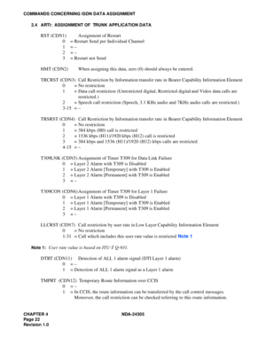 Page 40CHAPTER 4 NDA-24305
Pag e 2 2
Revision 1.0
COMMANDS CONCERNING ISDN DATA ASSIGNMENT2.4 ARTI: ASSIGNMENT OF  TRUNK APPLICATION DATA
RST (CDN1) Assignment of Restart 0 = Restart Send per Individual Channel
1 = –
2 = –
3  = Restart not Send
HMT (CDN2)  When assigning this data, zero (0) should always be entered.
TRCRST (CDN3)  Call Restriction by Information transfer rate in B earer Capability Information Element
0 = No restriction
1 = Data call restriction (Unre stricted digital, Restricted digital and...