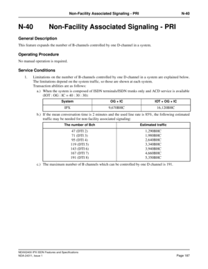 Page 202NEAX2400 IPX ISDN Features and Specifications
NDA-24311, Issue 1
Page 187
Non-Facility Associated Signaling - PRI N-40
N-40  Non-Facility Associated Signaling - PRI
General Description
This feature expands the number of B-channels controlled by one D-channel in a system.
Operating Procedure
No manual operation is required.
Service Conditions
1. Limitations on the number of B-channels controlled by one D-channel in a system are explained below.
The limitations depend on the system traffic, so those are...