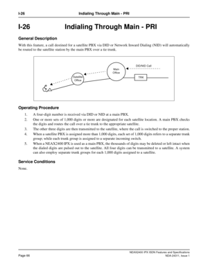 Page 81NEAX2400 IPX ISDN Features and Specifications
Page 66NDA-24311, Issue 1
I-26 Indialing Through Main - PRI
I-26  Indialing Through Main - PRI
General Description
With this feature, a call destined for a satellite PBX via DID or Network Inward Dialing (NID) will automatically
be routed to the satellite station by the main PBX over a tie trunk.
Operating Procedure
1. A four-digit number is received via DID or NID at a main PBX.
2. One or more sets of 1,000 digits or more are designated for each satellite...